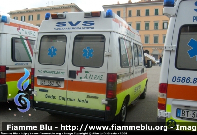 Fiat Ducato II serie
10 - Società Volontaria di Soccorso Livorno
Sede Capraia Isola
Allestita Alessi & Becagli
Parole chiave: Fiat Ducato_IIserie 118_Livorno Ambulanza SVS_Livorno