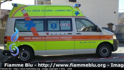 Volkswagen Transporter T5 4x4
Pubblica Assistenza Croce Azzurra Comano (MS)
Unità Mobile di Soccorso Avanzato 
Sigla: Radio Hotel 06
Allestimento Aricar
Parole chiave: Volkswagen Transporter_T5 Ambulanza Aricar Pubblica_Assistenza_Croce_Azzurra_Comano 118_Comano_Soccorso