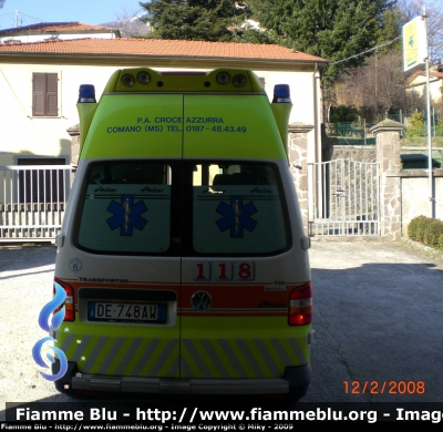 Volkswagen Transporter T5 4x4
Pubblica Assistenza Croce Azzurra Comano (MS)
Unità Mobile di Soccorso Avanzato 
Sigla: Radio Hotel 06
Allestimento Aricar
Parole chiave: Volkswagen Transporter_T5 Ambulanza Aricar Pubblica_Assistenza_Croce_Azzurra_Comano 118_Comano_Soccorso