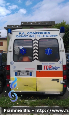 Fiat Ducato II serie
P.A. Concordia di Fosdinovo (MS)
Unità Mobile di Rianimazione
Codice Radio Koala 8
Allestimento F.lli Mariani

Veicolo in precedenza della P.A. Croce Azzurra di Comano (MS) - http://www.fiammeblu.it/displayimage.php?album=3902&pid=47212#top_display_media
