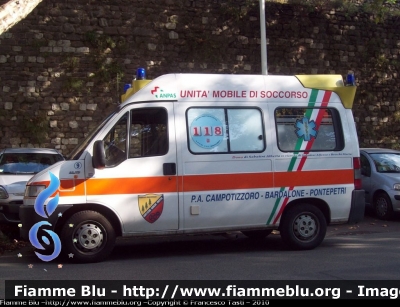 Fiat Ducato II serie
Pubblica Assistenza Campotizzoro Bardalone Pontepetri (PT)
Allestita Maf
CODICE AUTOMEZZO: 9
Parole chiave: Fiat Ducato_IIserie Ambulanza