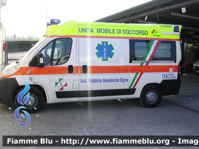 Fiat Ducato X250
Pubblica Assistenza Signa (FI)
Ambulanza tipo A
anno 2008
Allestimento Alessi & Becagli (FI)
Sigla: SIGNA 6
Sigla 118: "ALFA SIGNA"
Parole chiave: Fiat Ducato_X250 Ambulanza