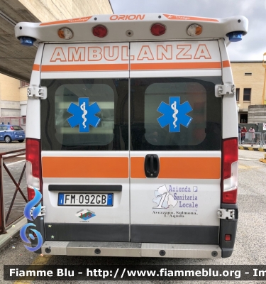 Fiat Ducato X290
118 Abruzzo soccorso 
ASL n1 Avezzano Sulmona L’Aquila 
C.O. Di L’Aquila 
Allestimento Orion 
Parole chiave: Fiat Ducato X290