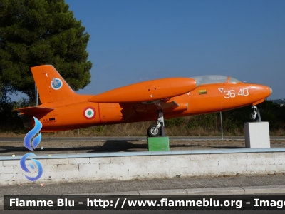 Aermacchi MB-326
Aeronautica Militare
36° Stormo
Esposto presso il comune di Gioia del Colle (BA)
36-40
MM54199
Parole chiave: Aermacchi MB-326 36-40 MM54199